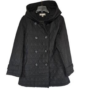 SIMONTON Says Black Quilted Double Breasted Hooded Jacket Women's Size Small